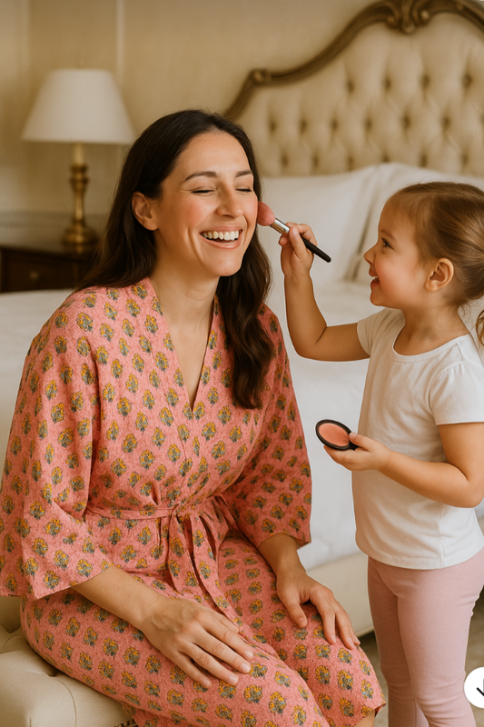 Mother in the Svetlana pink floral cotton robe laughing as her young daughter plays with makeup
