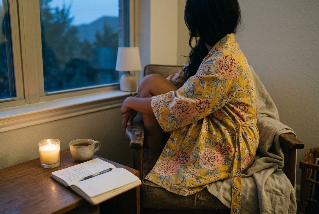Woman in a hand block-printed yellow floral cotton robe curled in an armchair by a window at dusk, beside a candle, a cup of tea and an open journal
