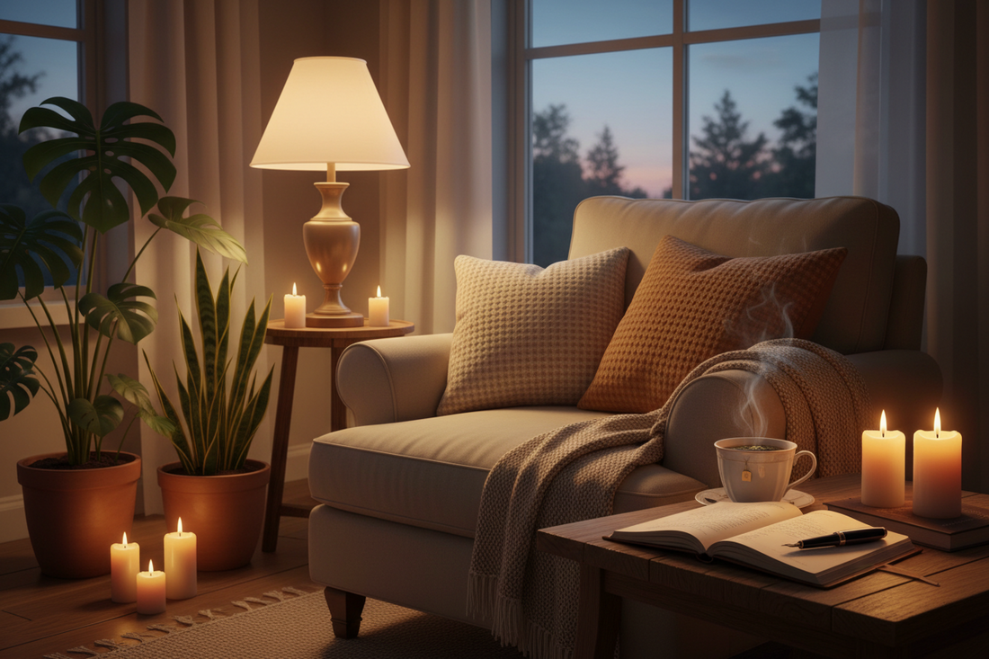 calm evening self care ritual at home with soft lighting and linen