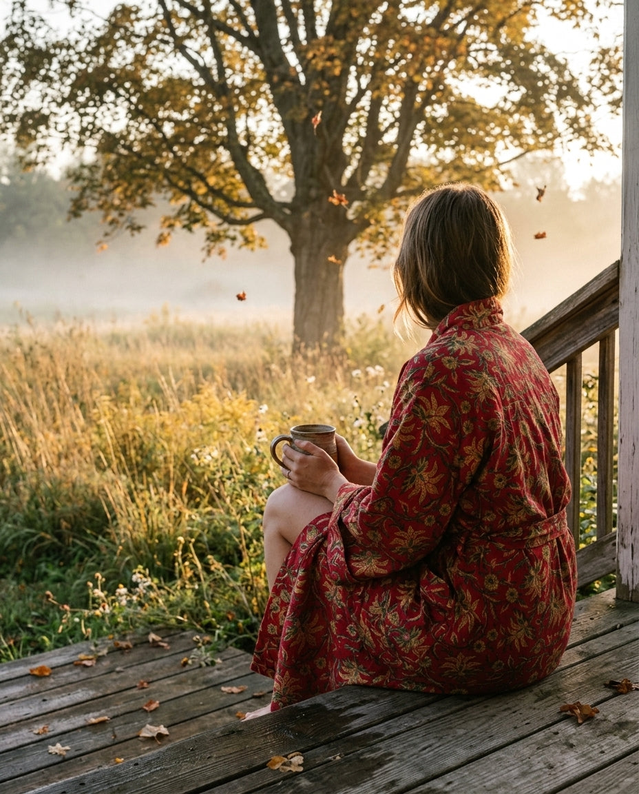 Woman in a hand block-printed red cotton robe sitting on a porch step with a warm mug, watching leaves fall over a misty fall meadow