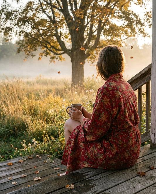 Woman in a hand block-printed red cotton robe sitting on a porch step with a warm mug, watching leaves fall over a misty fall meadow
