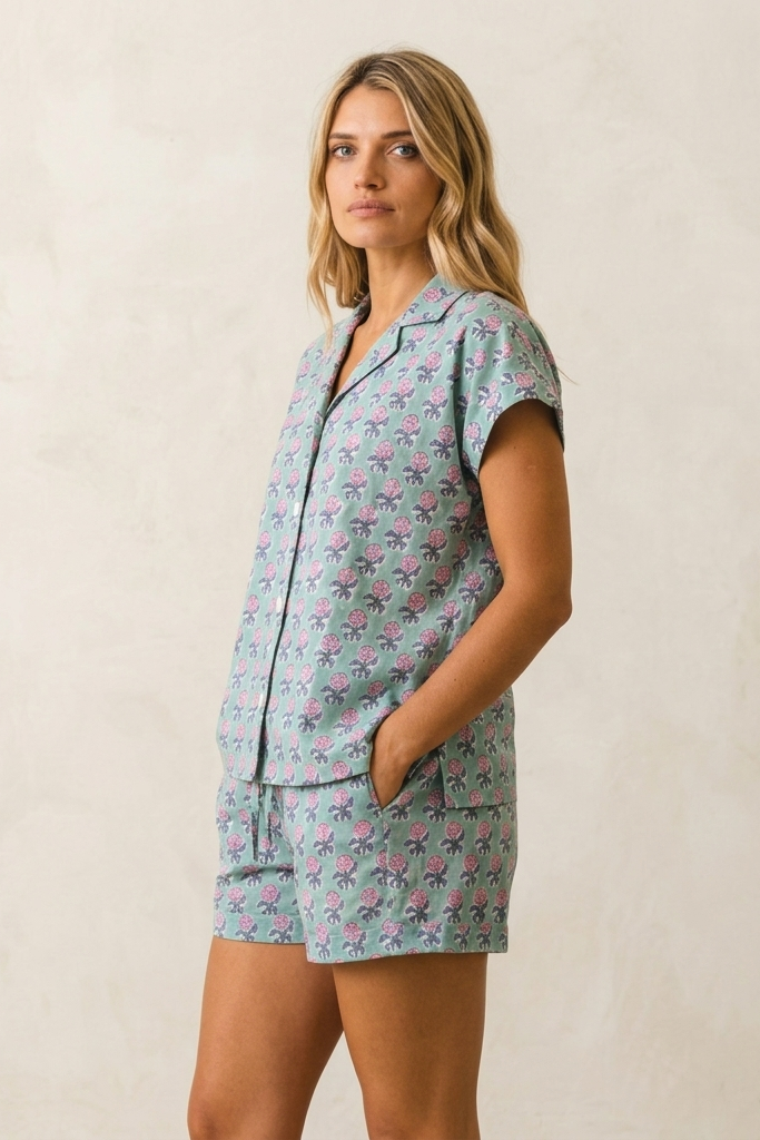 Woman wearing a floral pajama set against a plain background