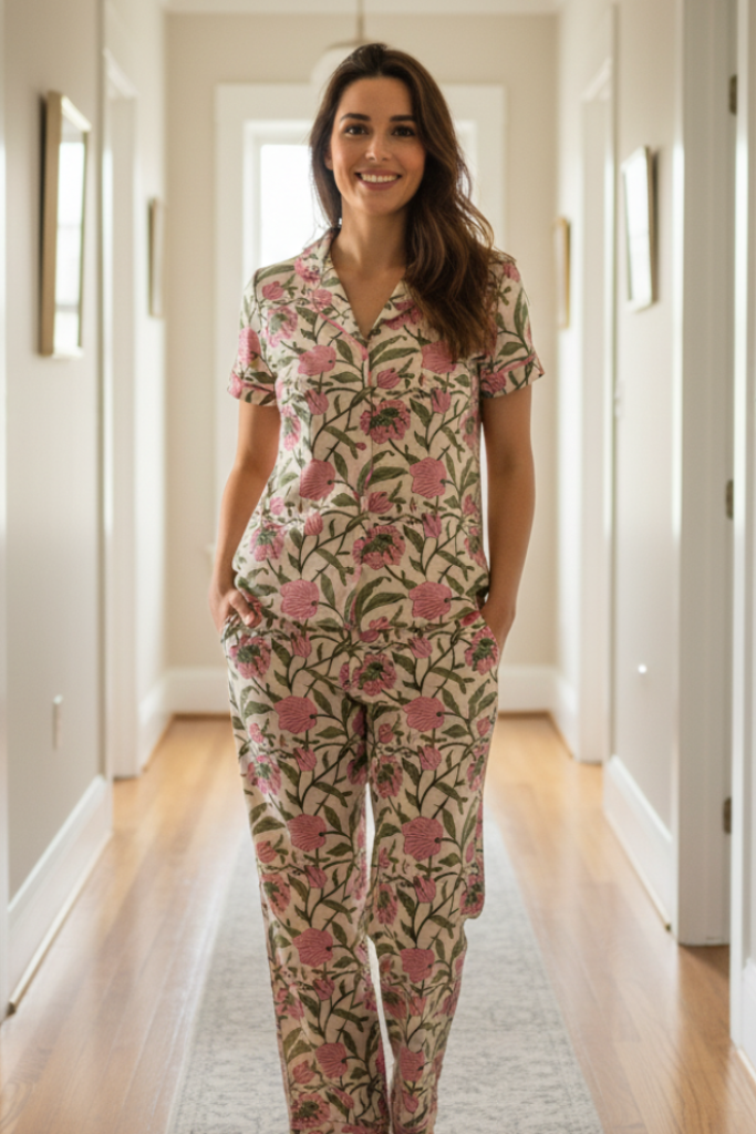 Woman wearing a floral pajama set in a hallway