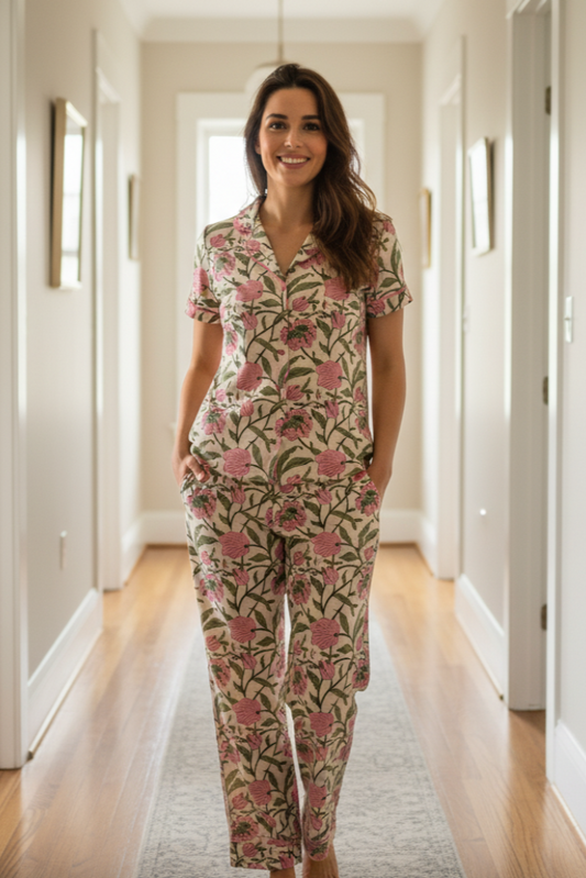 Teresa PJ set With Pants - Printed Cotton Pajama Set with Long Pants for Women