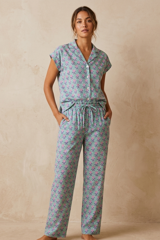 Woman wearing a floral pajama set against a beige background