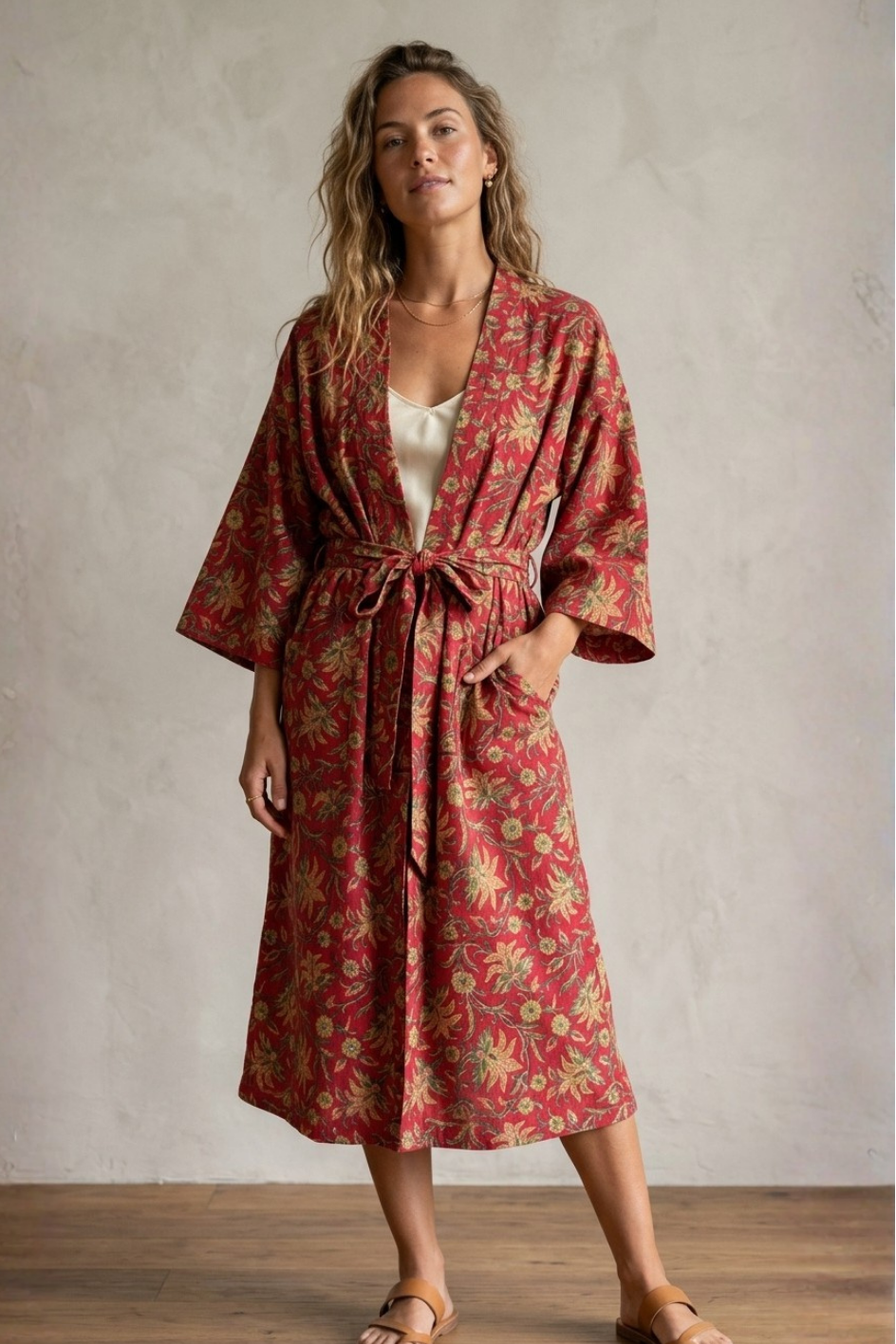 A woman wearing a red and gold floral print kimono robe over a white tank top, standing against a textured beige wall on a wooden floor.