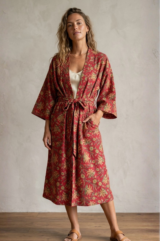 A woman wearing a red and gold floral print kimono robe over a white tank top, standing against a textured beige wall on a wooden floor.