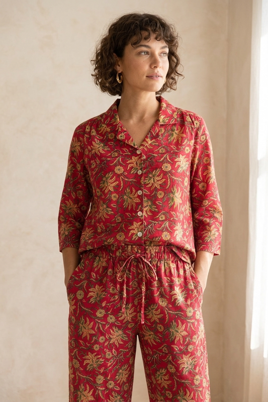 Woman wearing a red floral pajama set against a beige wall.