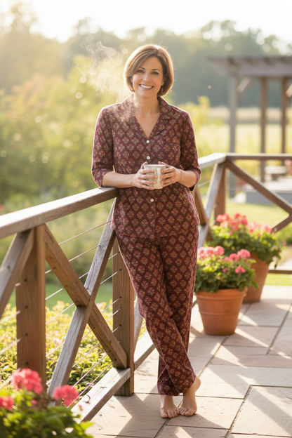 Sits PJ set With Pants - Printed Cotton Pajama Set with Long Pants for Women