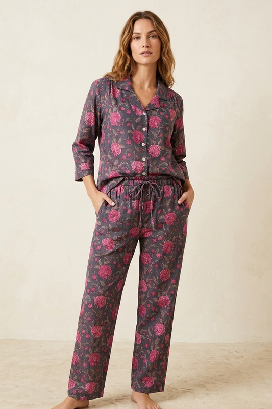 woman wearing soft cotton pajama set from Paisley Affair
