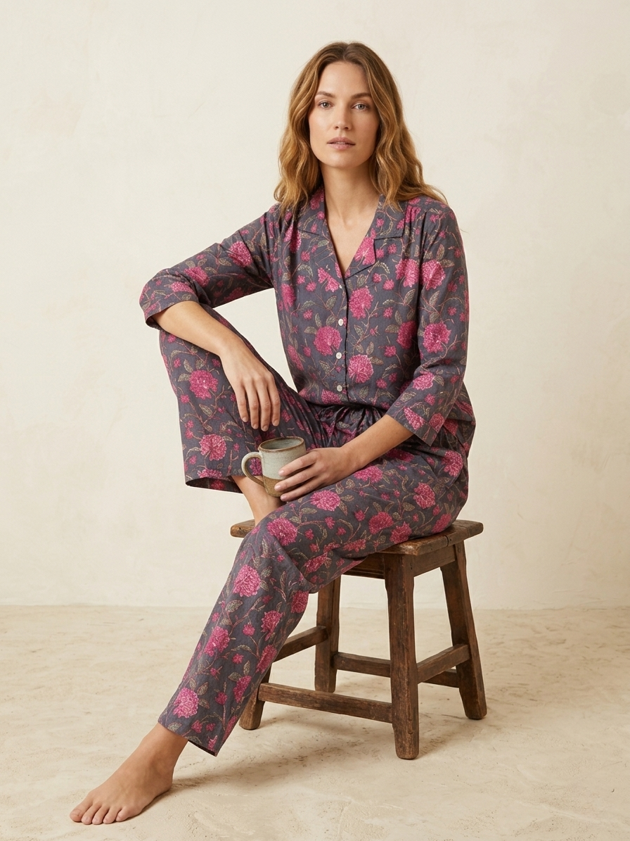 Woman wearing a floral pajama set sitting on a wooden stool against a plain background