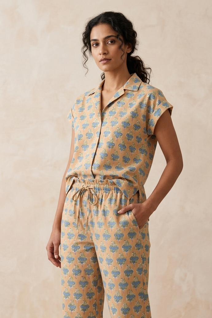 Woman wearing a matching sleeveless top and pants with a floral pattern on a beige background