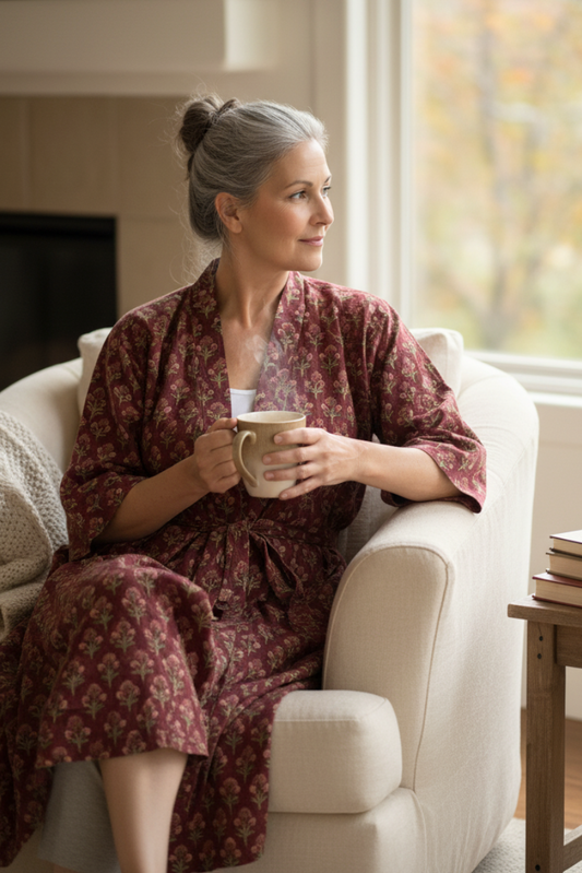 Woman in a patterned robe holding a mug, sitting on a couch in a cozy living room.