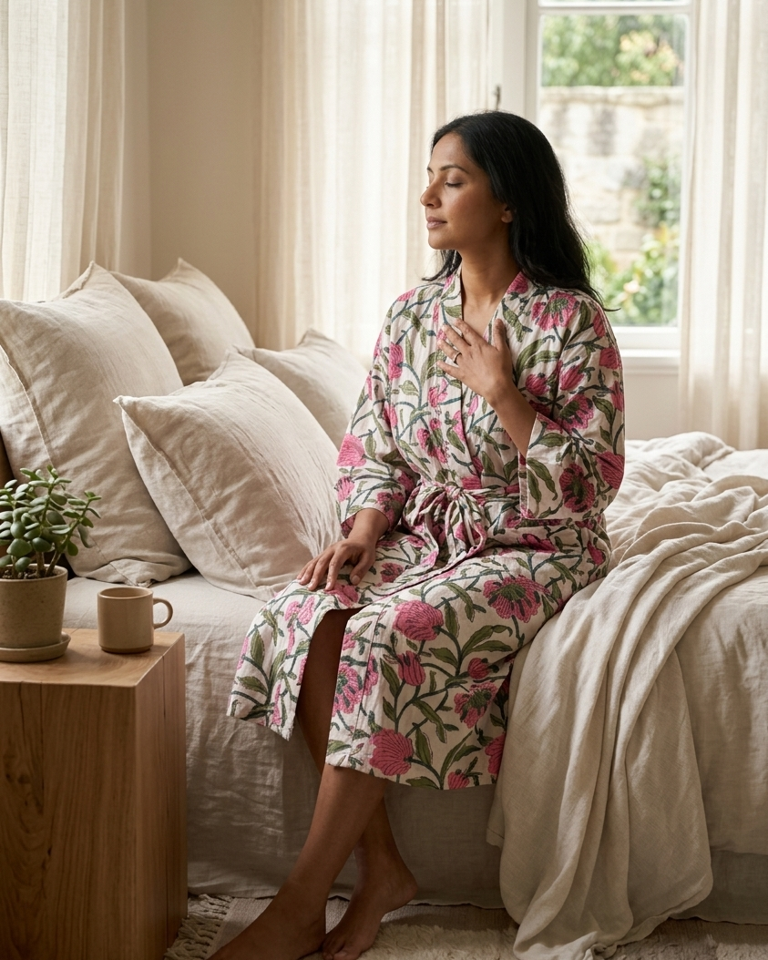 Woman in a floral robe sitting on a bed in a cozy bedroom.