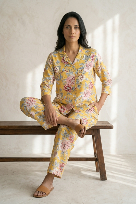 Woman wearing a yellow floral pajama set sitting on a wooden bench.