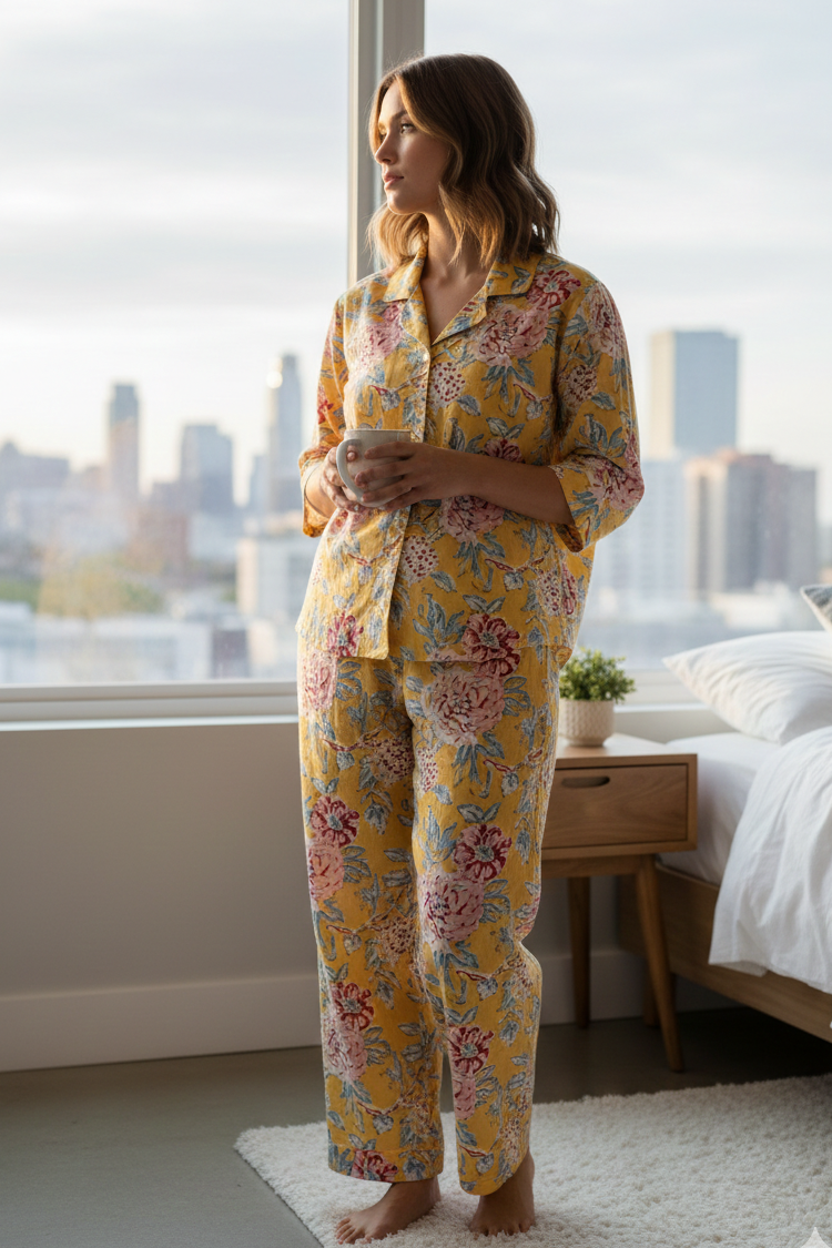 Woman in yellow floral pajama set standing in a bedroom with city skyline view.