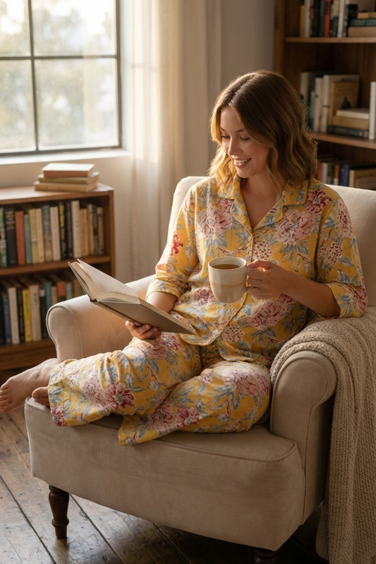 Woman in floral pajamas reading a book in a cozy living room.