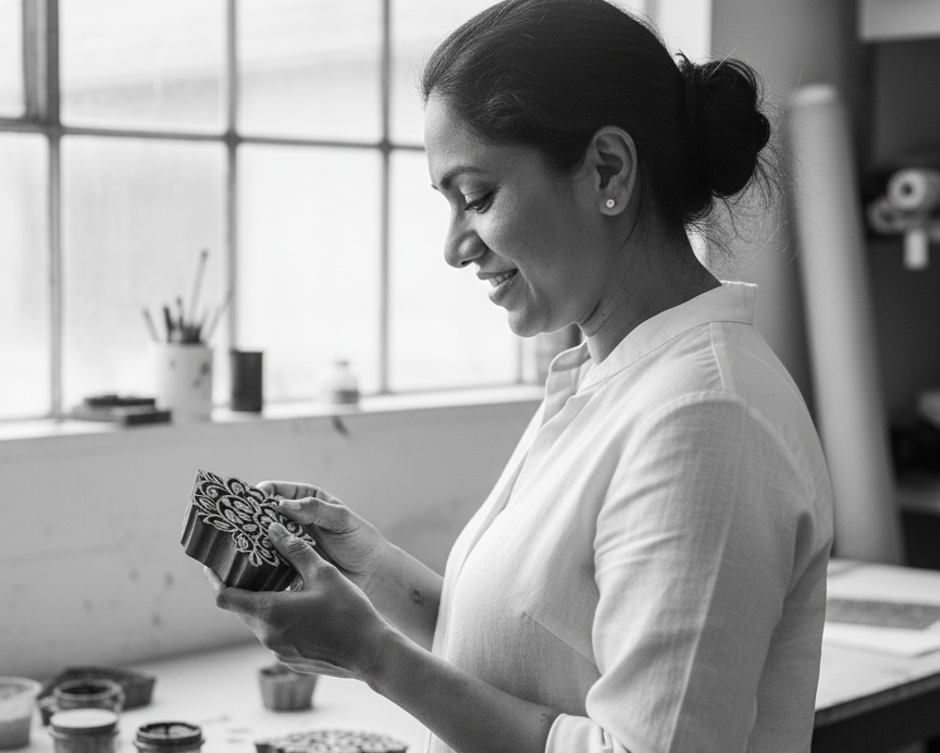 Person holding a small object in a workshop setting