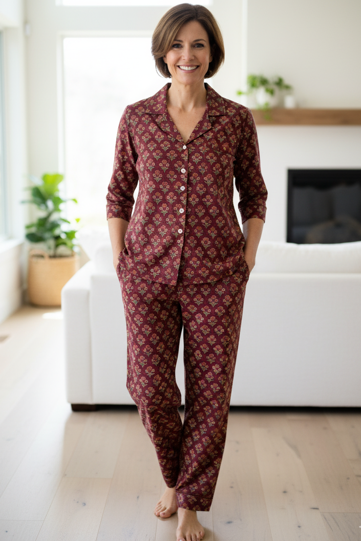 Sits PJ set With Pants - Printed Cotton Pajama Set with Long Pants for Women