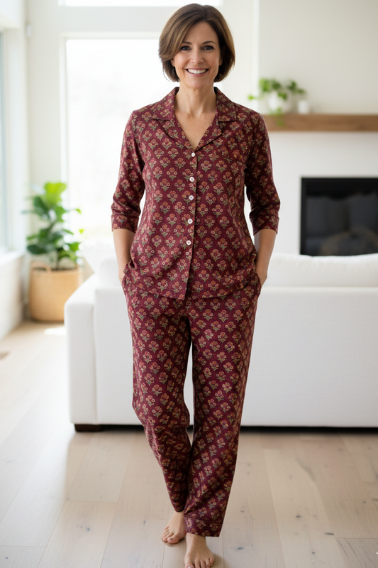 Sits PJ set With Pants - Printed Cotton Pajama Set with Long Pants for Women