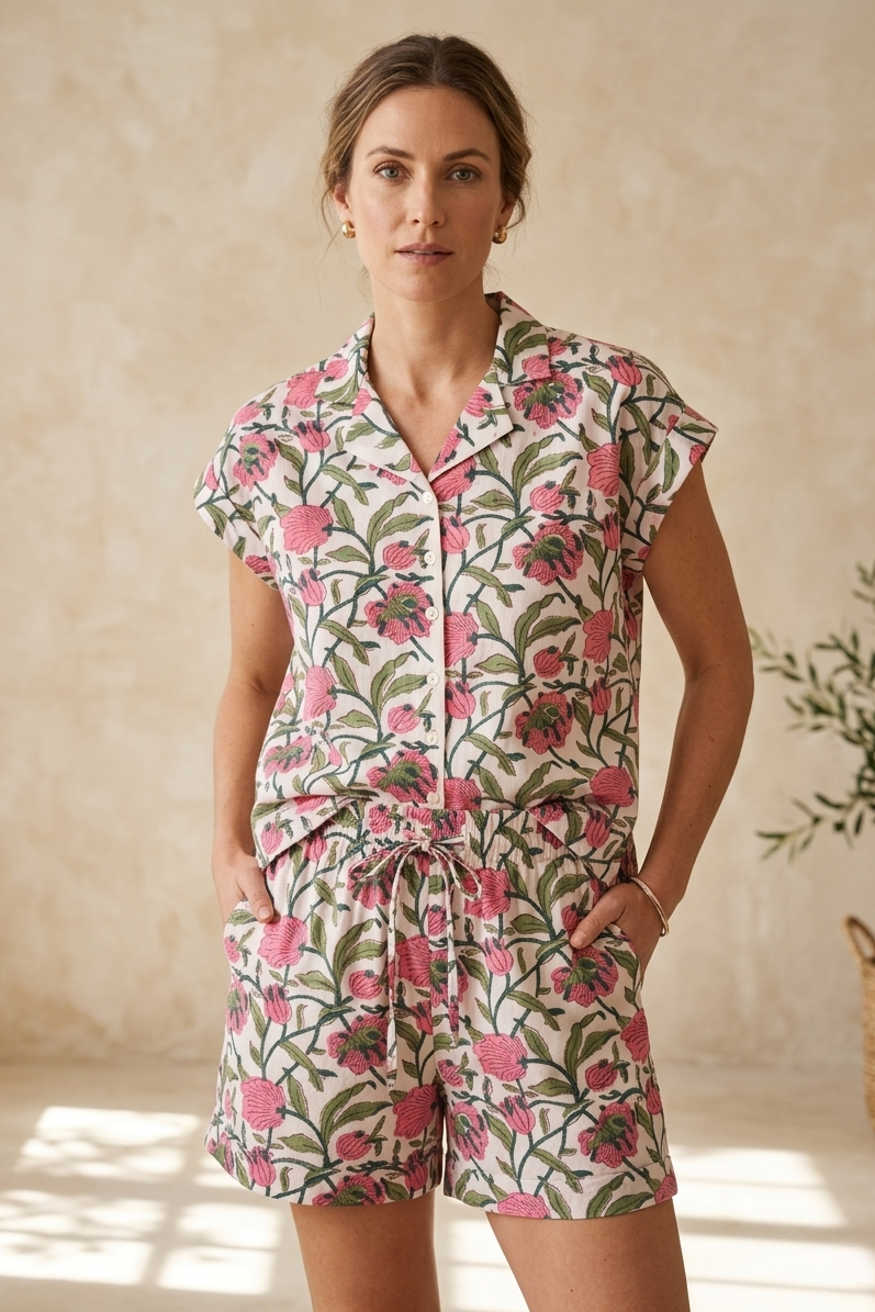 Woman wearing a floral romper against a beige wall.