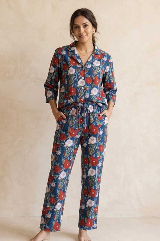 Woman wearing a floral pajama set against a beige background