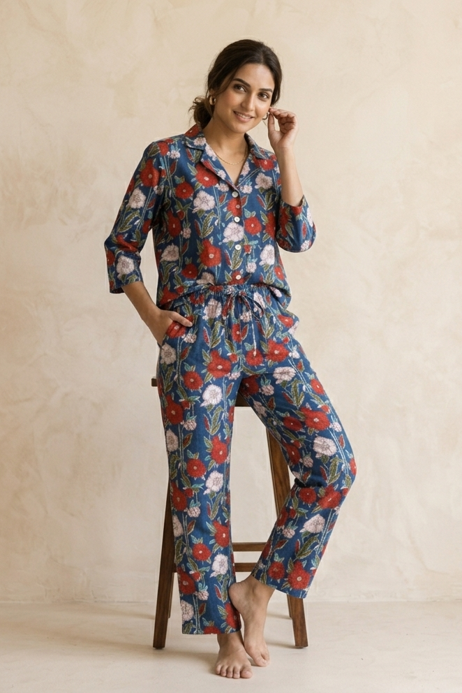Woman wearing a floral pajama set against a beige background