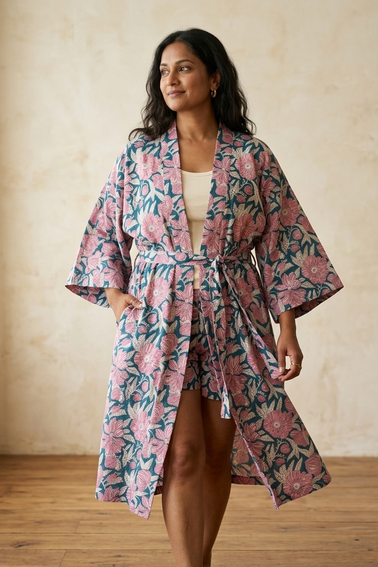 Woman wearing a floral kimono robe against a neutral background