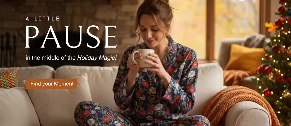 Woman wearing comfortable Pajama set by Paisley Affair, sitting and sipping coffee in between holiday busyiness