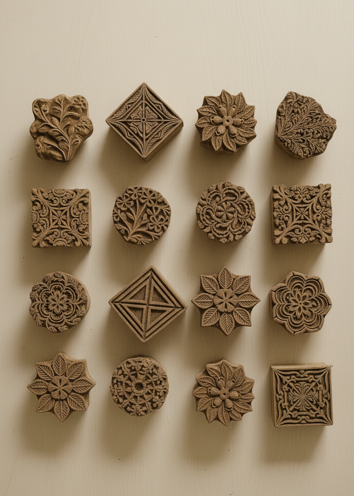 Collection of decorative stone carvings on a beige background