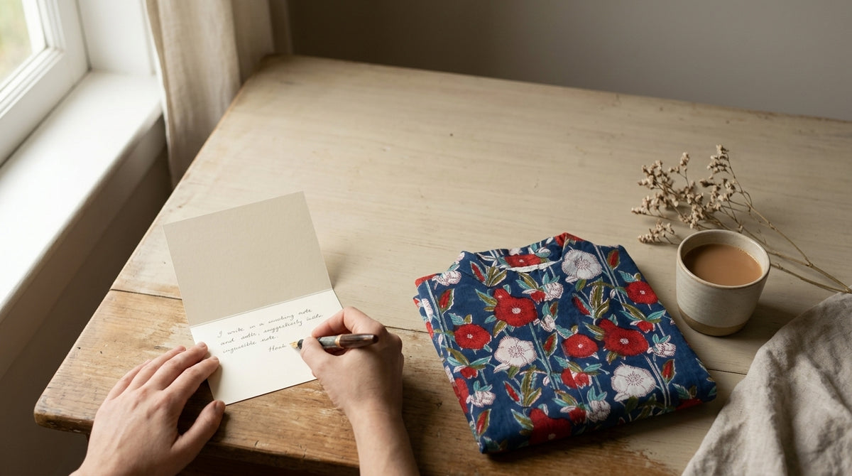 A hand writing a note on a card beside a folded Tuliana hand block-printed cotton pajama set and a cup of chai.